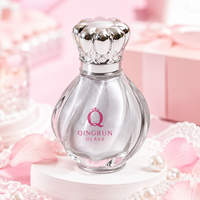 Flacon de parfum en verre transparent vide, rond, en forme de fleur, personnalisable, réutilisable, 50 ml, avec bouchon à sertir et couvercle argenté personnalisé