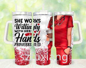 Vaso IND de dibujos animados personalizado con aislamiento portátil de 40 oz del Día de las enfermeras de estilo americano con mango y pajita - Product Image 3