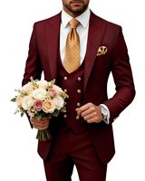 Jas Tuxedo Pria Slim Fit Burgundy 3 Potong Anti Kusut Bahan Polyester/Katun Bernapas untuk Pernikahan Formal Warna Emas