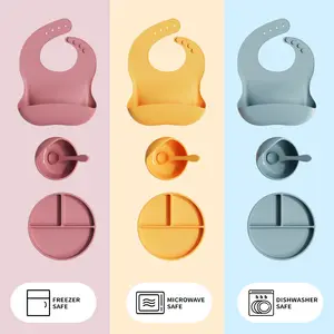 2024 Baby Plates Sets Silicone Feeding Kids Weaning Dinner Silicone Suction Plates Spoon And Bib Set For Babies