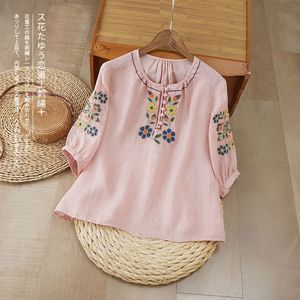 Embroidered Mid Sleeve Cotton Linen Top Women's Loose Round Neck Pullover Floral Print Everyday Wear Pink - Product Image 1