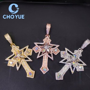 Factory Costom 925 Sterling <b>Silver</b> Luxury Star Cross Moissanite Men Pendant Hip Hop <b>Charm</b> for Men Pass Diamond Tester GRA - Product Image 1