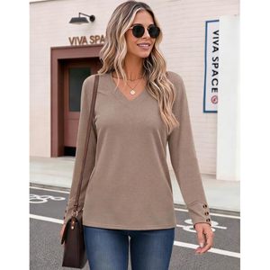 Chemisier à manches longues et col en V pour femme, haut tricoté décontracté, coupe élastique, à porter au quotidien - Product Image 5