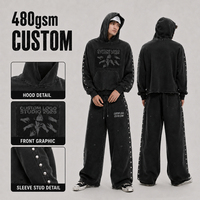 Ensemble de survêtement personnalisé pour homme, deux pièces, sweat à capuche et pantalon, effet délavé, coupe oversize, 480 g/m², logo personnalisé, approvisionnement en gros, haute qualité