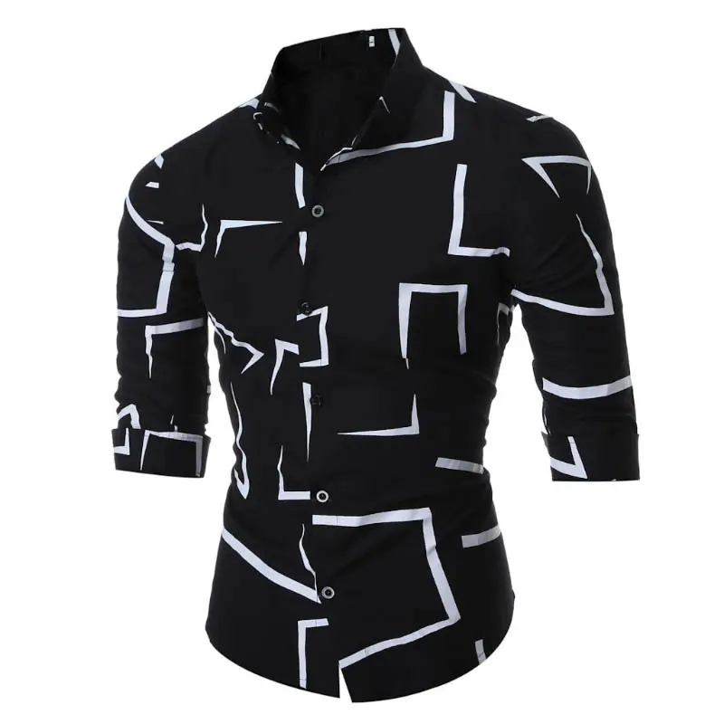 2022 New Men's Shirts Geometric Printing Long Sleeve Lapel Fashion Cardigan Tops