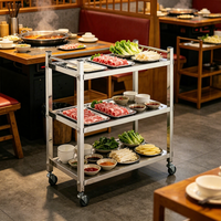 Chariot de service alimentaire pliable en acier inoxydable à 3 niveaux pour cuisine centrale et restaurant