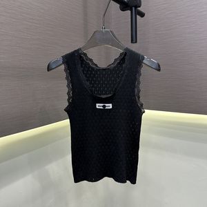 Top Elegante da Donna con Bordo in <span class=keywords><strong>Pizzo</strong></span> Bianco/Nero/Marrone, <span class=keywords><strong>Canotta</strong></span> Senza Maniche in Maglia Traforata Miu per l'Uso Quotidiano Estivo - Product Image 1