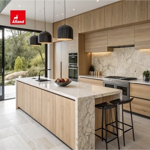 Gabinete de <span class=keywords><strong>Cocina</strong></span> Minimalista Alland <span class=keywords><strong>con</strong></span> Panel de Chapa de Madera de Roble <span class=keywords><strong>Blanco</strong></span>, Isla de Cuarzo <span class=keywords><strong>con</strong></span> Diseño de Cascada y LED - Product Image 3
