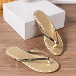 Lowest Price Ladies Plus Size Fashion Gold Peep Toe Flat Bottom Soft Beach Slides Flip Flops <b>Slipper</b> for Women - Product Image 2