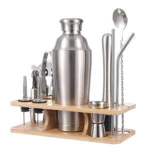 High Quality Customized 700ml Stainless Steel Bartender Kit With Bamboo Stand