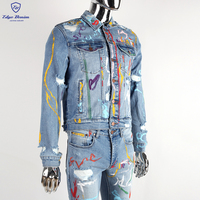 EDGE DENIM Veste bleue en jean avec éclaboussures de peinture brodée sur mesure Vestes brodées sur mesure