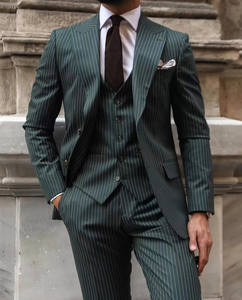 Trajes de marca clásica para hombre, chaqueta a rayas de color verde oscuro, esmoquin ajustado para boda, para baile de graduación, pantalones y chaleco, trajes de <span class=keywords><strong>3</strong></span> piezas - Product Image 4