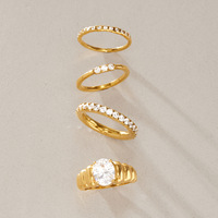 Set Cincin Tumpuk 4Pcs Baja Tahan Karat 316L Wanita Berlapis Emas Oval Zirkon Bertekstur Cincin Tumpuk Tahan Air Set Perhiasan
