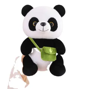 Custom logo panda plush toy pp cotton stuffed panda soft animal dolls toy wearing a bag from China supplier