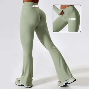 Celana Yoga kaki lebar wanita, bawahan Fitness Gym ukuran besar mulus lembut Kerut olahraga rumbai kaki lebar