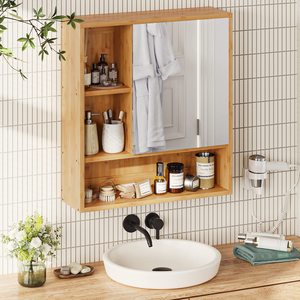 Étagère murale de salle de bain en bambou SENYU avec miroir, armoire de rangement à 3 niveaux pour toilettes et salle de douche, étagères d'organisation - Product Image 5