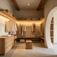 Armoire de chambre moderne sans poignée en chêne massif sur mesure avec mur courbé, niche LED, OEM ODM