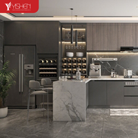 Ensemble de meubles de cuisine modulaires gris modernes de haute qualité, écologiques, avec tiroirs de rangement, en panneaux mélaminés, robinet et îlot de cuisine