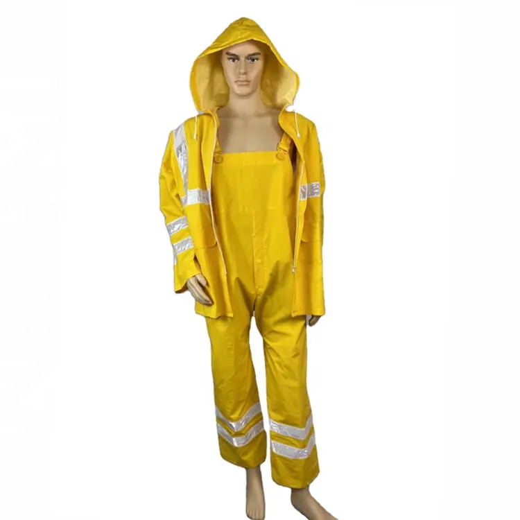 Özel logo ağır pvc polyester iş rainsuit su geçirmez güvenlik yansıtıcı 2 3 parça sarı pvc yağmurluk