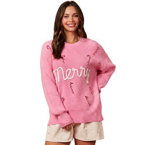 Women's Crew Neck Zipper Pullover Sweater Embroidery Merry Candy Cane Design Casual Winter Front Premium Quality Full Sleeve - Product Image 1