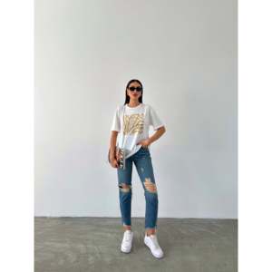 Camiseta Básica para Mujer, 100% Algodón Jersey, Estampado Metálico, Transpirable, Manga Regular, Blanca - Product Image 1