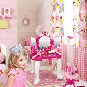 Kids Pretend Play Beauty Makeup <strong>Vanity</strong> <strong>Table</strong> Set with Infrared Sensing Magic Door Lights Music Mirror Stool Girls Gift - Product Image 2
