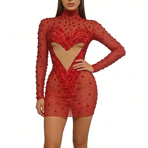 Vestido Mini Rojo de Mujer con Pedrería en Forma de Corazón, Malla Transparente, Cuello Alto, Manga Larga, Vestido de Fiesta, Vestidos de Noche, Moda - Product Image 1
