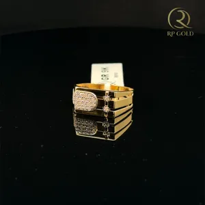 Stylish gold <b>mens</b> <b>ring</b> with diamond studded rectangular top and layered band design offering a bold modern and elegant look - Product Image 1