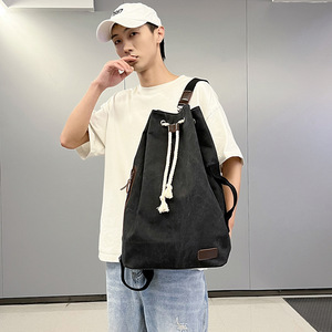 <b>Drawstring</b> <b>Backpack</b> Canvas Unisex Large Capacity Sports Travel Bag Detachable Strap Solid Color Khaki Black Light Gray - Product Image 2