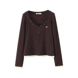 American Style V-neck Knit <b>Long</b> Sleeve Top Women Solid Color Embroidered N9315 Autumn Fashion <b>T</b>-<b>shirt</b> - Product Image 1