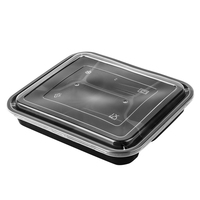 Boîte à lunch ronde en plastique PP jetable, respectueuse de l'environnement, résistante au congélateur, base noire, couvercle transparent avec motif en relief