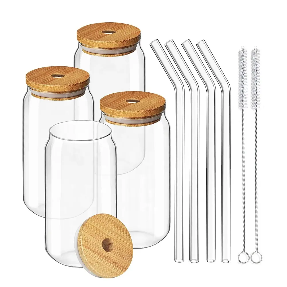 Hot Sale Beer Can Shaped Drinking Glasses 12oz 16 oz Glass Cups with Bamboo Lid and Straw for Smoothie, Boba Tea, Water