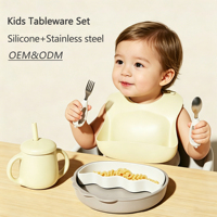 Ensemble repas bébé en silicone 5 pièces personnalisé de luxe, motif dessin animé Biboo, écologique, sans BPA, avec cuillère, fourchette, bol à collation et tasse à bec.