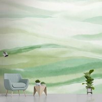 Papier Peint Mural Personnalisé Paysage Champêtre Vert Aquarelle, Scène de Montagne Douce, pour Salon, Villa, Gîte, Tissu Mural