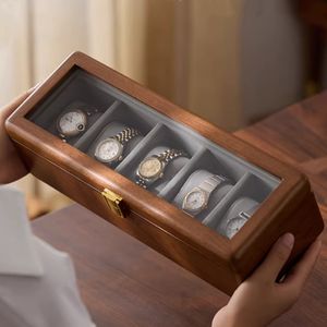 Caja de Reloj de Madera Sólida Natural Personalizada, Caja de Almacenamiento de Relojes de Nogal de Lujo, Estuche de Exhibición de Relojes con 5 Ranuras, Interior de Terciopelo, Ventanas de Vidrio - Product Image 2