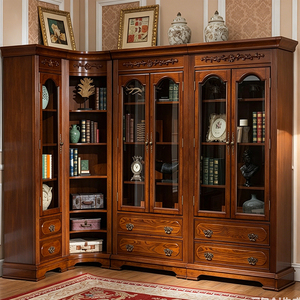 Libreria in Legno Massello Intagliato Stile Antico Americano con Ante in Vetro, Vetrina Espositiva per Casa, Ufficio e Biblioteca - Product Image 3