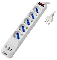 Prise de courant 5 Pos.10/16A Bipasso/Schuko Con Protezione De Sovraccarico Cavo H05VV-F 3G 1.0mm2x1.5m Con 2A + 1C USB