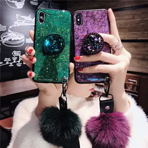 Glitter Glanzende Diamant Marmer Vos Pluche Bal Harige Epoxy Telefoon Case Voor Vivo Iqoo 3 V15 S1 Pro Back Cover met Houder Stand