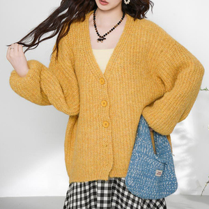 Cárdigan Holgado de Punto Grueso Color <span class=keywords><strong>Mostaza</strong></span> para <span class=keywords><strong>Mujer</strong></span> - Top Informal y Atrevido para Uso Diario - Product Image 3