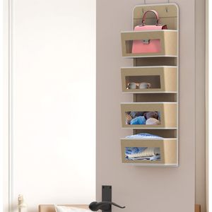 Organizador de almacenamiento para colgar sobre la puerta con 4 bolsillos, color beige, para habitación de bebé, con ventanas transparentes para pañales y juguetes. - Product Image 5