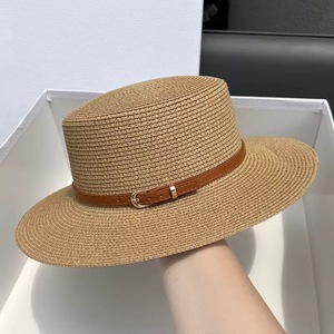 AIGEFMM Straw Wide Brim Flat Top Hat With Leather Belt Sun Protection Summer Beach Women's Retro Style - Product Image 1