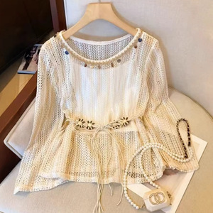 Dalang – Haut tricoté bohème ajouré pour femme, fin, à manches longues, ample et transparent, idéal pour le printemps et l'été, parfait comme couche intermédiaire ou pour les climatiseurs. - Product Image 1