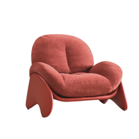 Fauteuil de détente moderne et écologique en tissu rouge avec coussin arrondi et cadre latéral incurvé