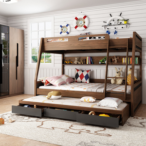 Cama Literas Doble de <span class=keywords><strong>Madera</strong></span> Maciza para Niños, Diseño Antideslizante para Escaleras, Muebles Modernos para Dormitorio Infantil - Product Image 1