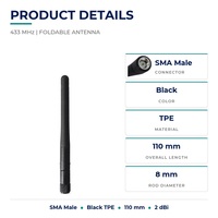 Antenne pliable en caoutchouc 433 MHz 2 dBi SMA mâle 50 Ohm TPE pour télécommande, transmission de données sans fil, IoT