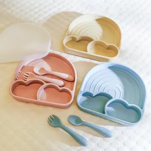 TOGNTU OEM BPA gratis sendok garpu piring terbagi 3 buah Set peralatan makan silikon lembut Set perlengkapan makan bayi dengan tutup untuk makan anak-anak