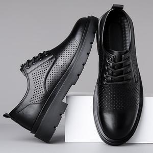Zapatos Oxford de Cuero para Hombre, Punta Redonda, Transpirables, Suela de Goma, para Boda, Primavera, Negros, con Cordones, Estilo Sólido - Product Image 4