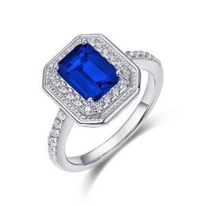 925 <b>silver</b> <b>emerald</b> cut sapphire <b>ring</b>, diamond lined women's <b>ring</b> - Product Image 1
