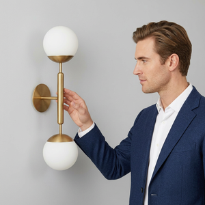 Modern Brass <b>Wall</b> <b>Sconce</b> Double Globe Light Indoor Living Room Decor Gold Finish Round Shape Home Accent <b>Lighting</b> - Product Image 1