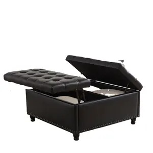 Popular 90cm Large Tufted Square Ottoman Modern Design Fabric Toy Box Lift Top Coffee Table with Two Grids Storage Ottoman Bench